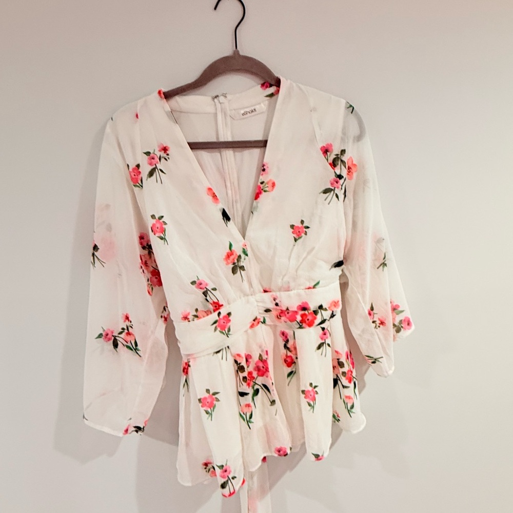 eShakti Floral Wrap Top - White and Pink